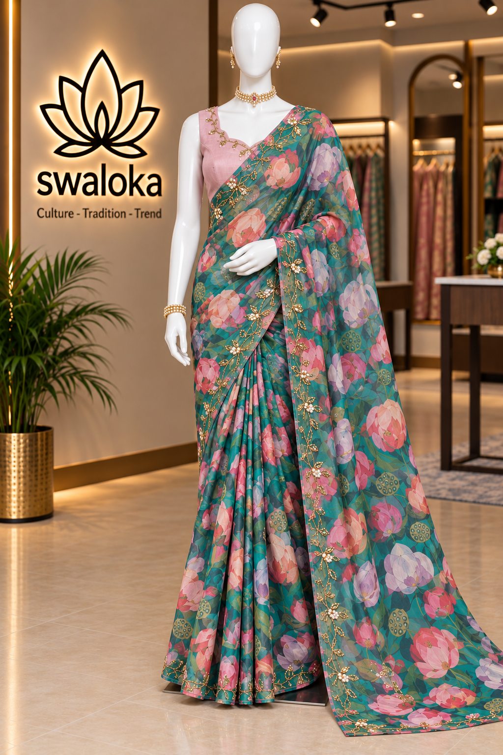 Hand-Embroidered Floral Chinnon Silk Saree with Artisan Manual Work