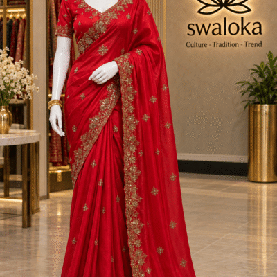 Royal Red Zimmy Chhu Silk Saree with Sequence & Zari Work and Readymade Blouse