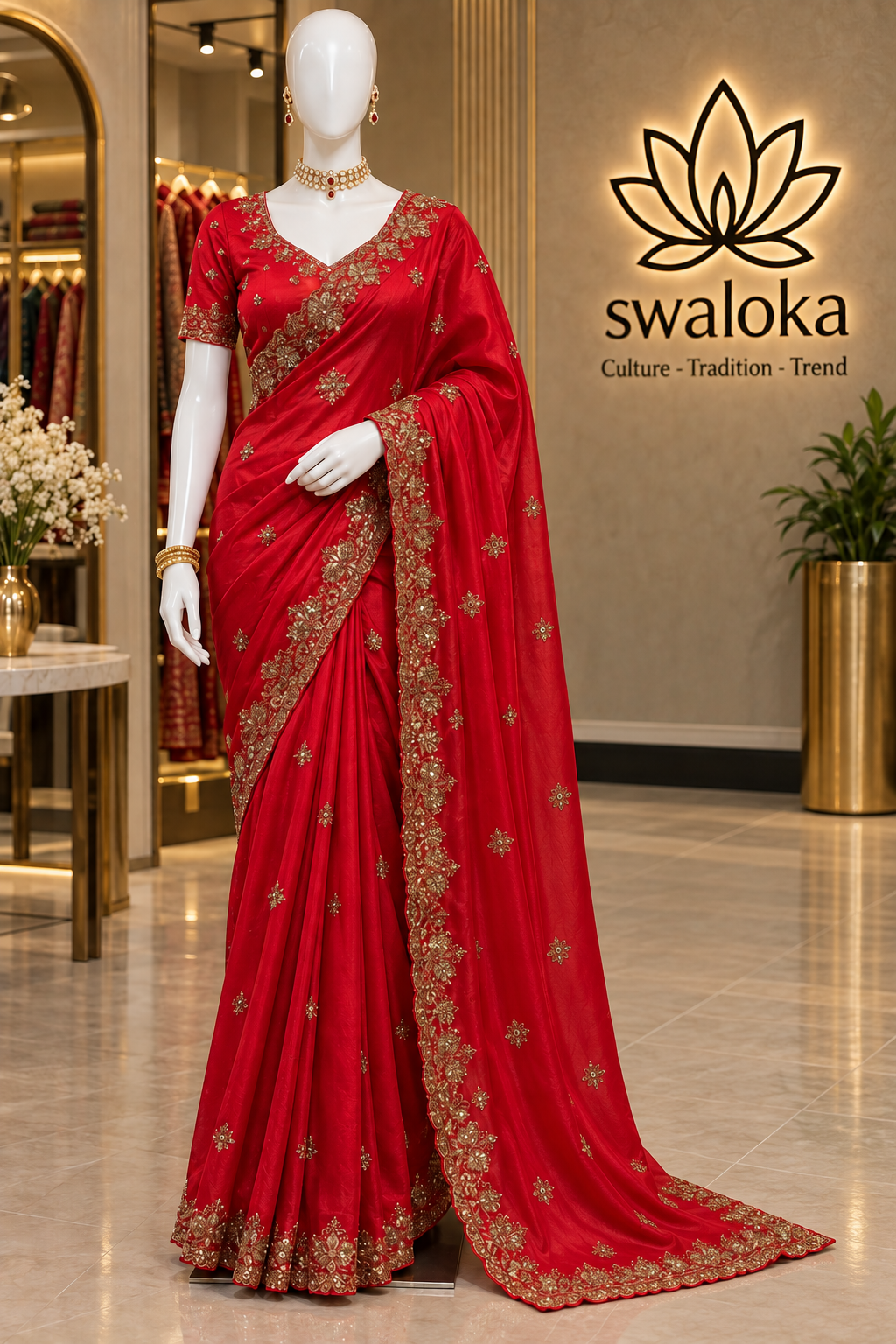 Royal Red Zimmy Chhu Silk Saree with Sequence & Zari Work and Readymade Blouse