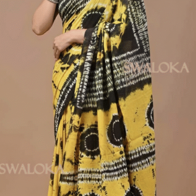 Hand-Stitched Nui Shibori Mulmul Cotton Saree – Mustard & Charcoal Black