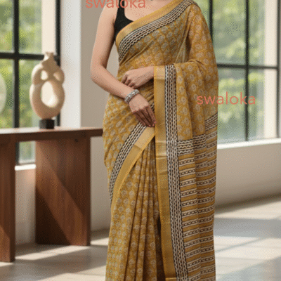 Mustard Bagru Printed Pure Linen Saree – Naturally Dyed