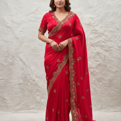 Royal Red Zimmy Chhu Silk Saree with Sequence & Zari Work and Readymade Blouse