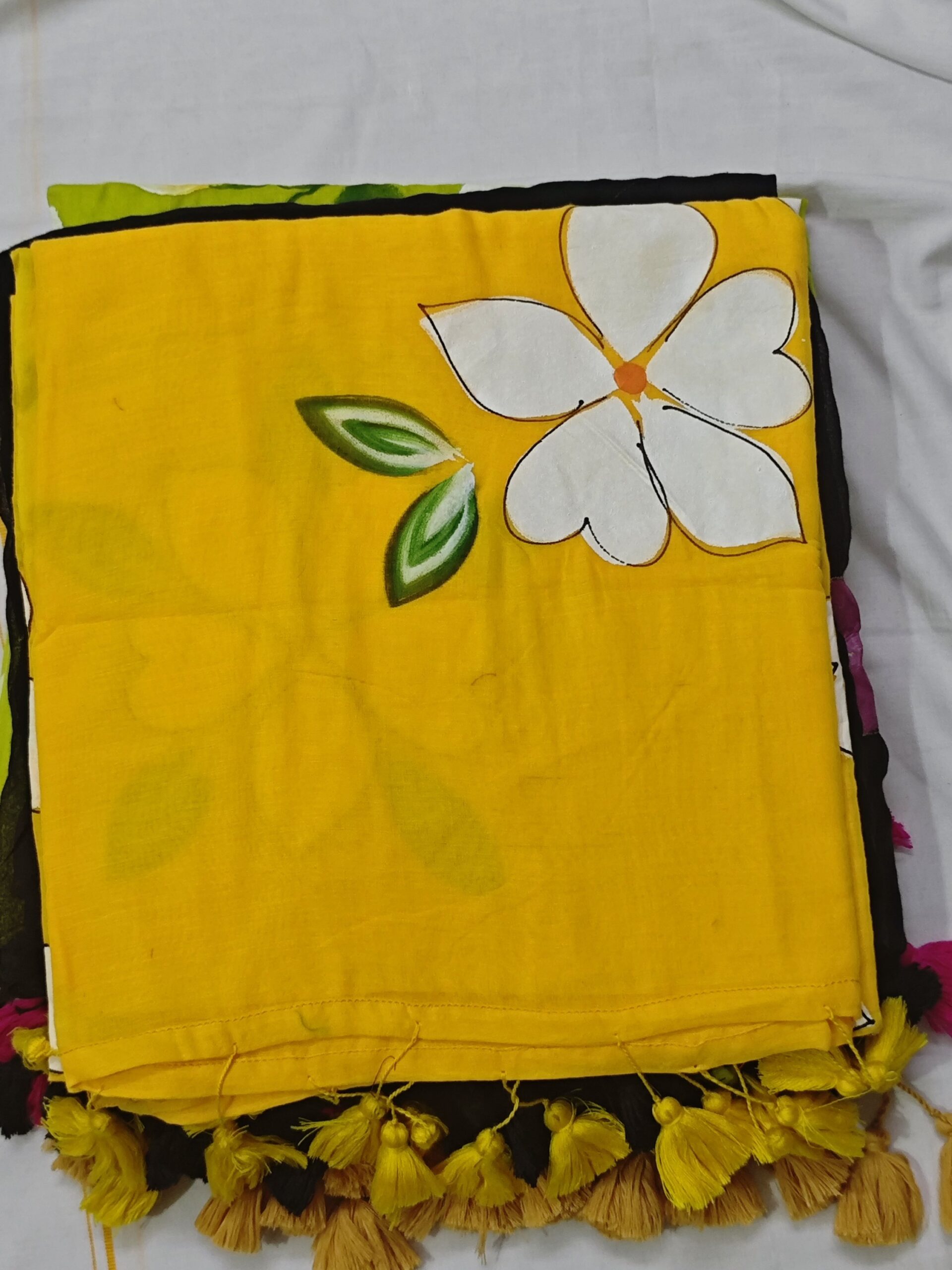 The Obsidian Bloom: Hand-Painted Midnight Black MulMul Saree - Image 4