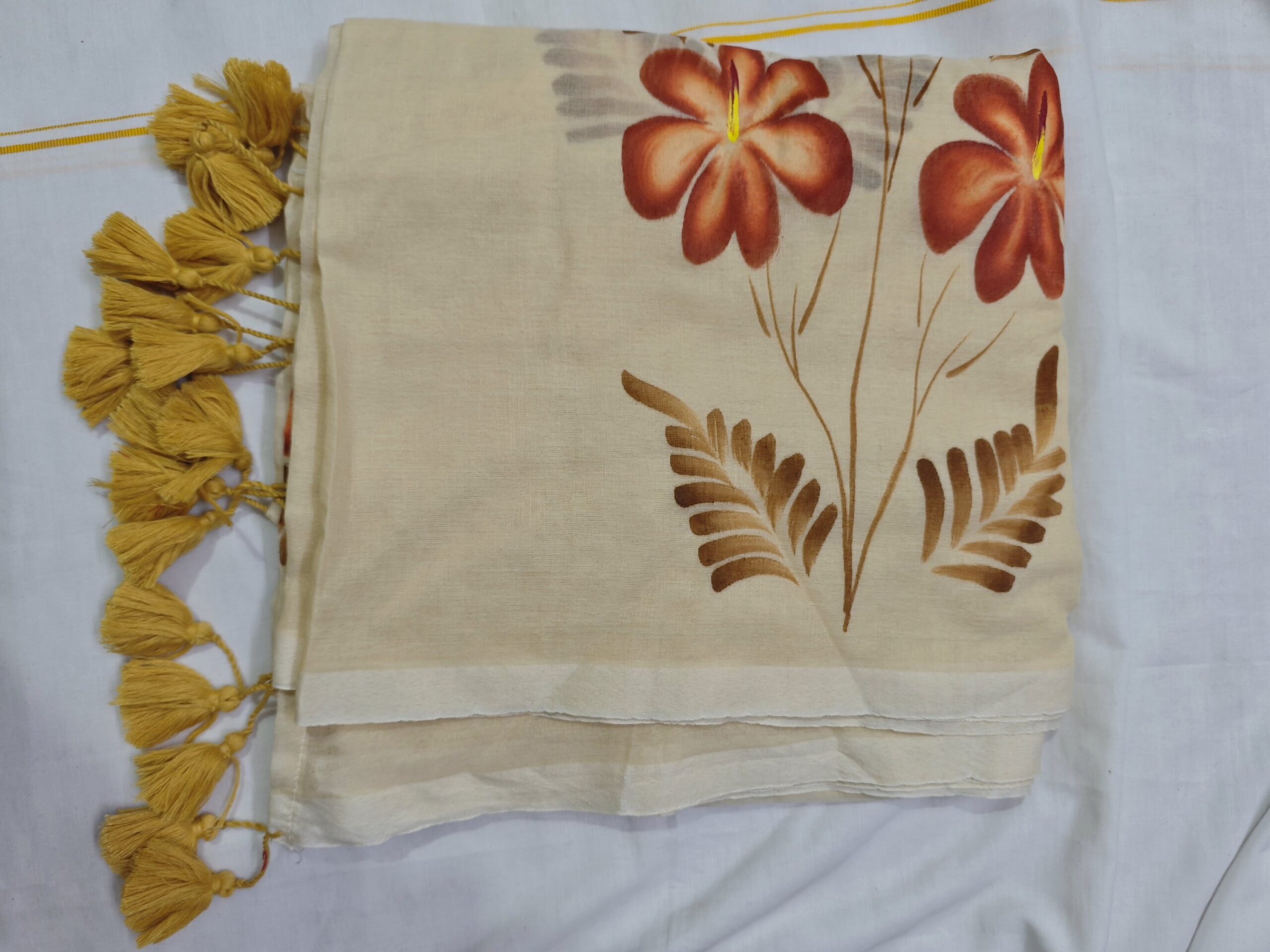 Whispering Petals โ Hand-Painted Mul Cotton Saree in Blush Cream - Image 8