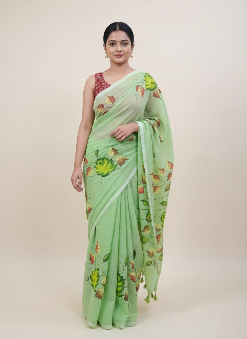 Sage Mist Hand-Painted Mul Cotton Saree – Featherlight Floral Elegance - Image 6