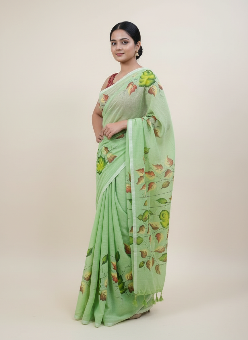Sage Mist Hand-Painted Mul Cotton Saree – Featherlight Floral Elegance - Image 3