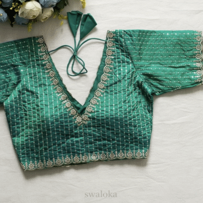 Emerald Green Banarasi Silk Sequined Blouse with Scalloped Embroidery