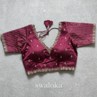 Wine Banarasi Silk Sequined Blouse with Scalloped Embroidery