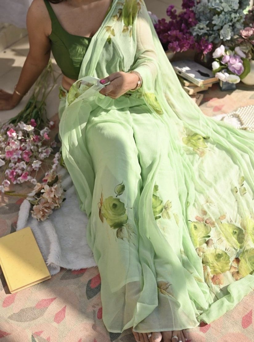 Sage Mist Hand-Painted Mul Cotton Saree – Featherlight Floral Elegance - Image 2