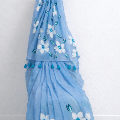 The Noir Lotus: Hand-Painted Midnight MulMul Saree