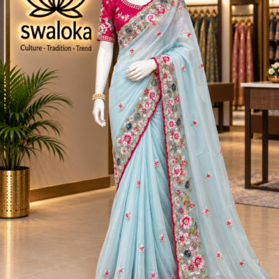 Sky Blue Jimmy Choo Organza Saree with Heavy Embroidery