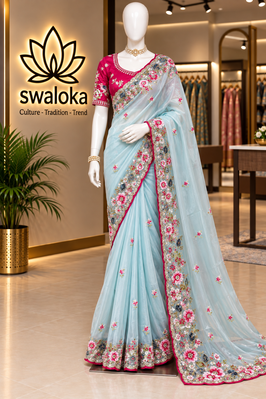 Sky Blue Jimmy Choo Organza Saree with Heavy Embroidery