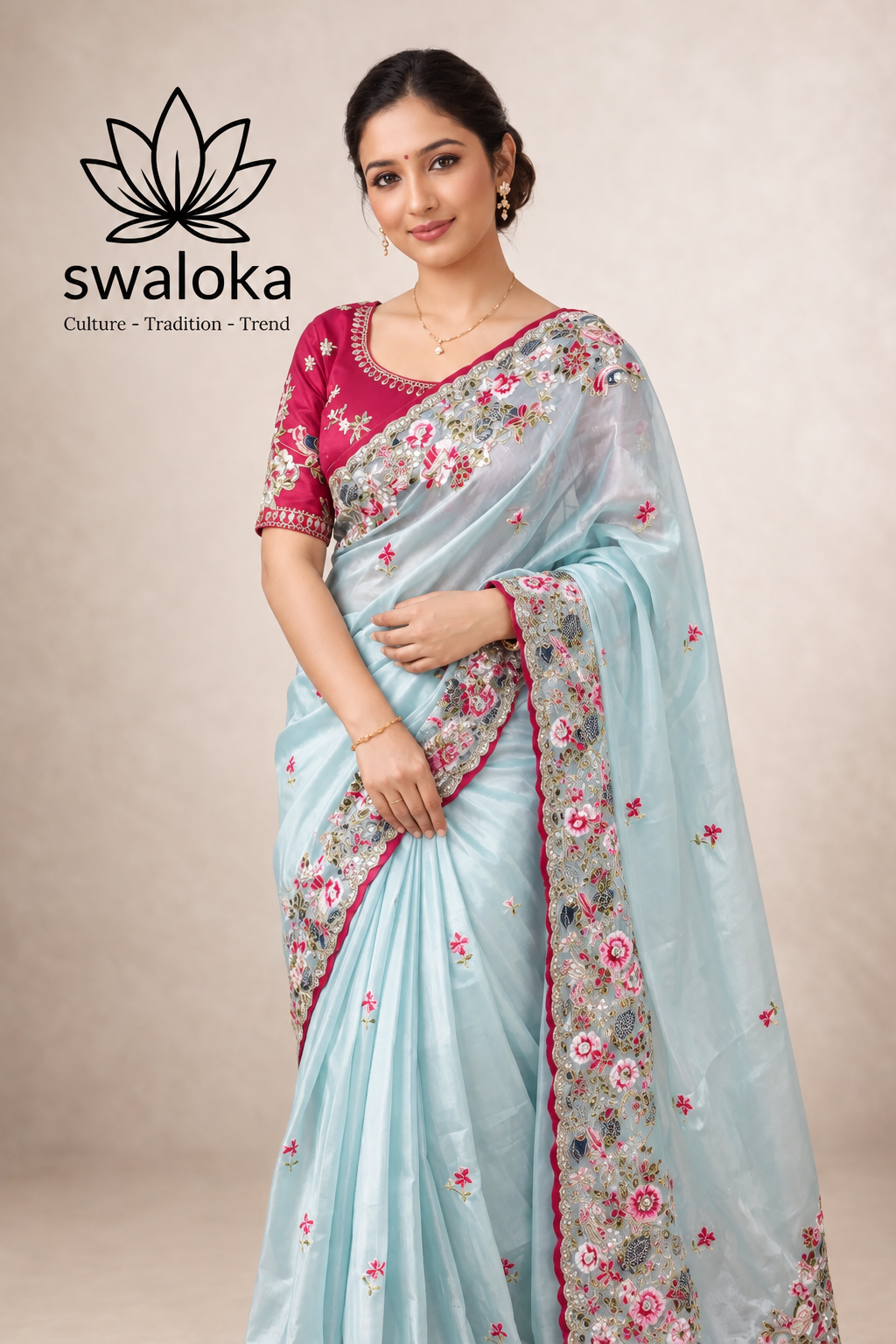 Sky Blue Jimmy Choo Organza Saree with Heavy Embroidery - Image 6