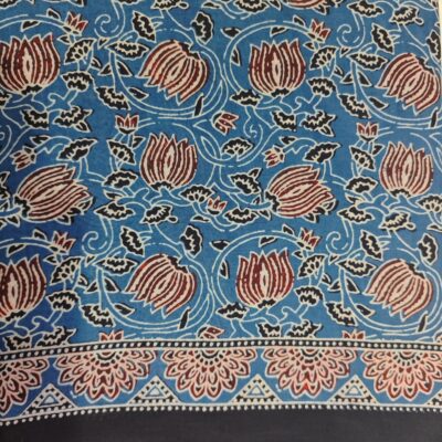 Indigo Bloom Bagru Hand Block Print MulMul Cotton Saree with Natural Dyes