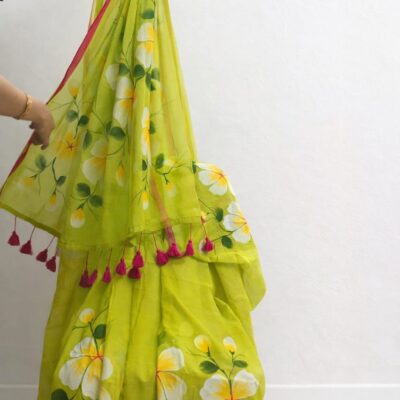 Verdant Glow: Hand-Painted Lime Green MulMul Saree with White Floral Art
