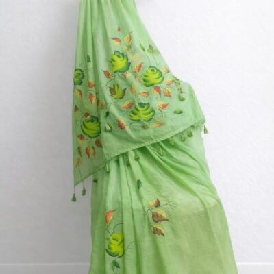 Sage Mist Hand-Painted Mul Cotton Saree – Featherlight Floral Elegance