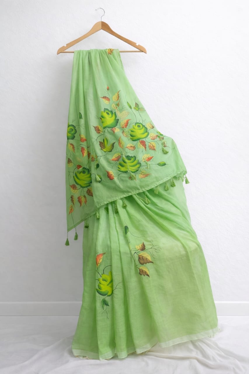 Sage Mist Hand-Painted Mul Cotton Saree – Featherlight Floral Elegance