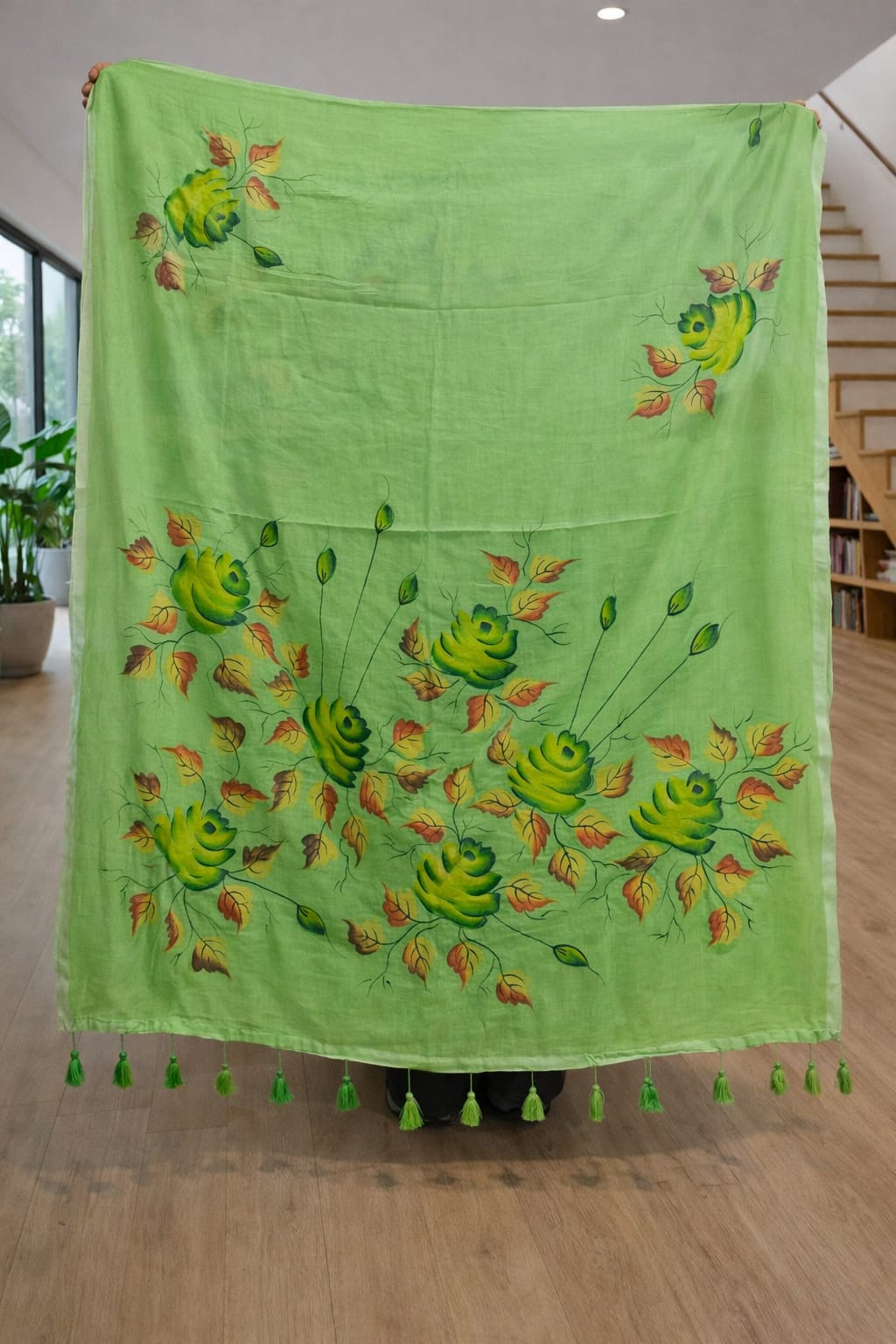 Sage Mist Hand-Painted Mul Cotton Saree – Featherlight Floral Elegance - Image 8