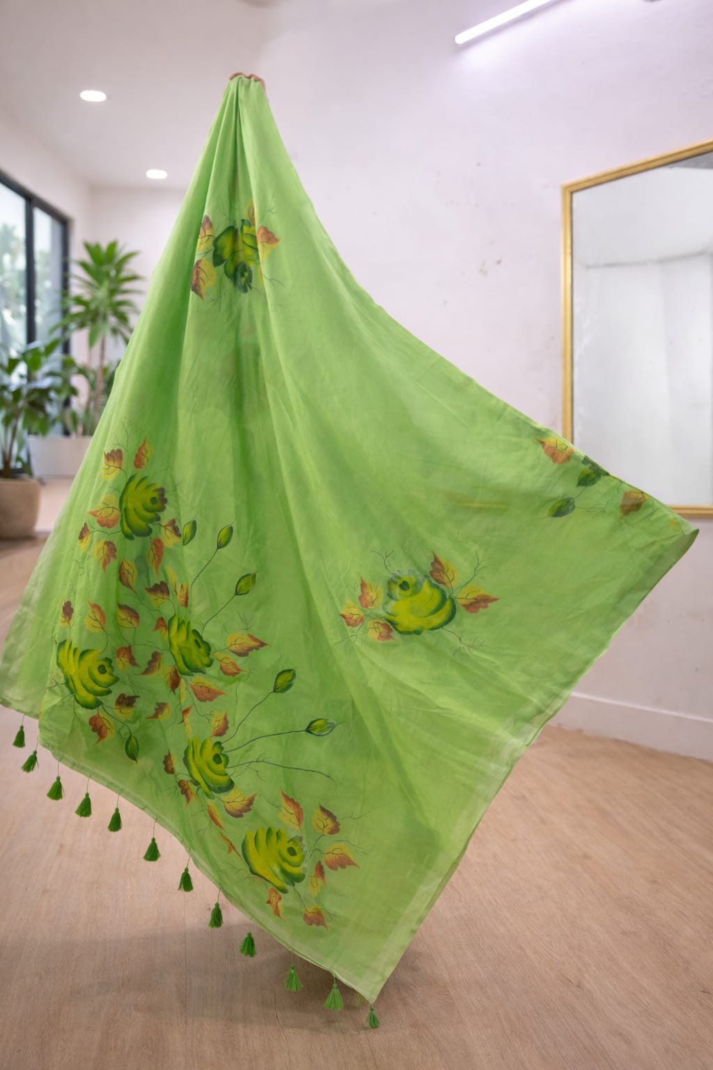 Sage Mist Hand-Painted Mul Cotton Saree – Featherlight Floral Elegance - Image 9