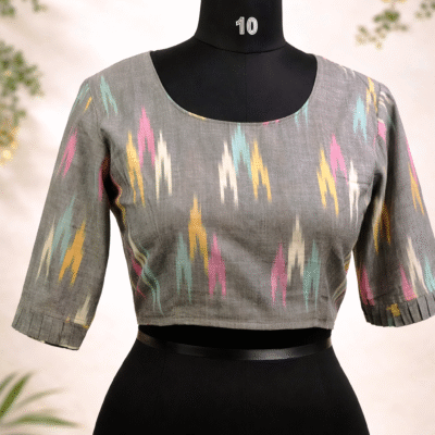 Grey Multicolor Ikat Print Pure Cotton Blouse – Classic Round Neck, Elbow Sleeves, Tie-Back