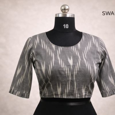 Grey Ikat Print Pure Cotton Blouse – Classic Round Neck, Elbow Sleeves, Tie-Back