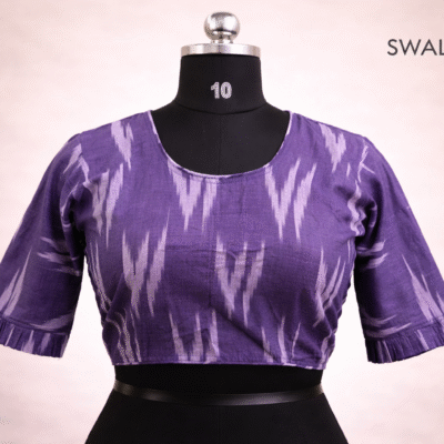 deep purple Ikat Print Pure Cotton Blouse – Classic Round Neck, Elbow Sleeves, Tie-Back Copy