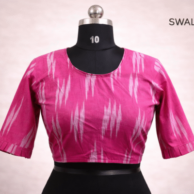 Bright Pink Ikat Print Pure Cotton Blouse – Classic Round Neck, Elbow Sleeves, Tie-Back