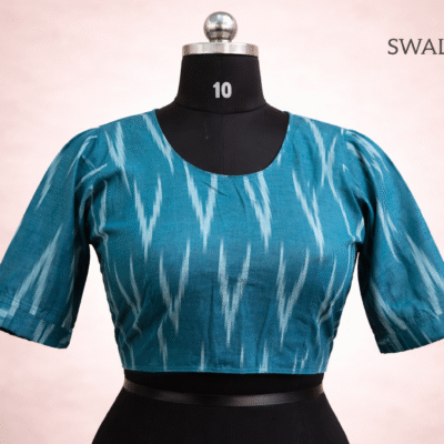 Teal Ikat Print Pure Cotton Blouse – Classic Round Neck, Elbow Sleeves, Tie-Back