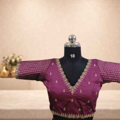 Wine Maroon Banarasi Silk Sequined Blouse with Scalloped Embroidery Copy