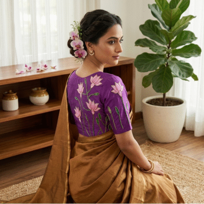 Swaloka Hand-Textured Silk Blouse: Pink Lotus Print with Antique Beadwork