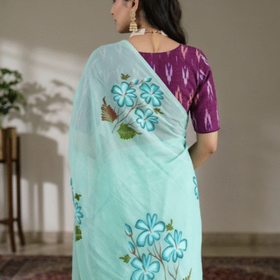 Whispering Petals – Hand-Painted Mul Cotton Saree- Teal